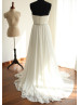 Off-shoulder Sleeves Pleats Chiffon Beads Sash Long Wedding Dress